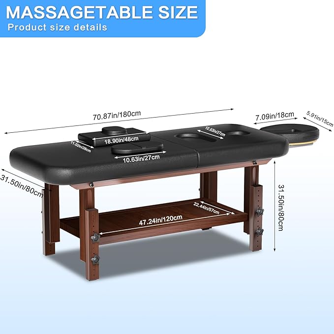 Wood Massage Table with Hight Adjustable Legs and Backrest for Treatment, Black PU Leather Professional Spa Bed Load1500 LBS, Spa Table with Storage for Footmassage Facial CareSpa Tattoo