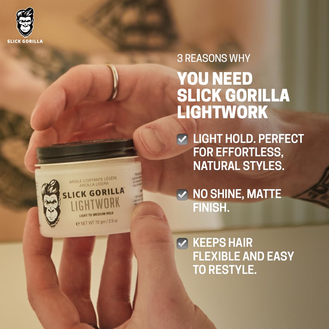 Slick Gorilla Lighwork Matte Hair Clay for Men 2.5 oz | Matte Finish | Flexible Hold | Lightweight Styling | Water-Based | Natur