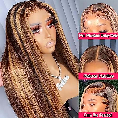 Ombre Lace Front Wigs Human Hair 13x4 HD Straight Lace Front Wigs 4/27 Honey Blonde Lace Front Wig Human Hair 180% Density Glueless Wigs Human Hair Pre Plucked (24 Inch)