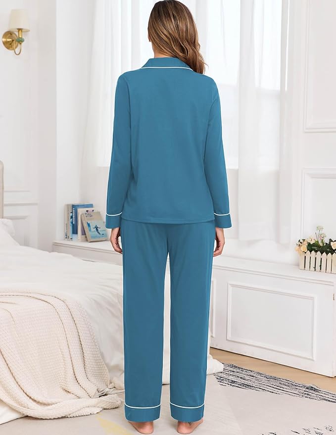 Veseacky 100% Cotton Pajamas for Women Set Long Sleeve Button Down Sleepwear Soft Pjs Lounge Sets with Pockets XS-XXL