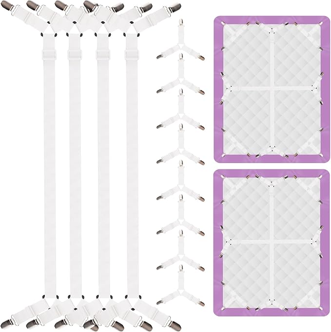 EasYoung 12PCS Bed Sheet Straps, Secure & Adjustable Fitted Sheet Holders for Full, Queen, King & More, Heavy Duty Nylon & Metal Clips