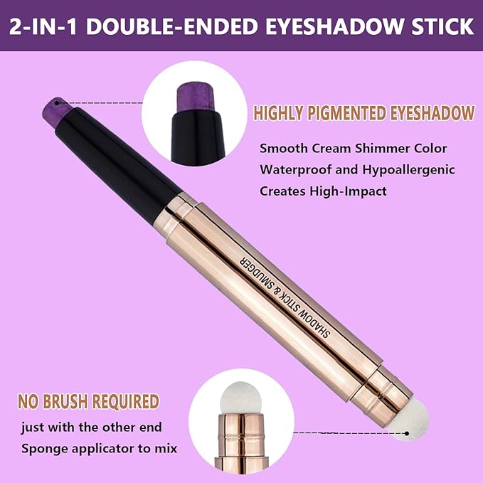 Purple Eyeshadow stick and Sponge Makeup Brush, Smooth Cream Shimmer Shadow Pencil Long Lasting Waterproof Highlighter Stick Hypoallergenic Multi-Dimensional eyes Look