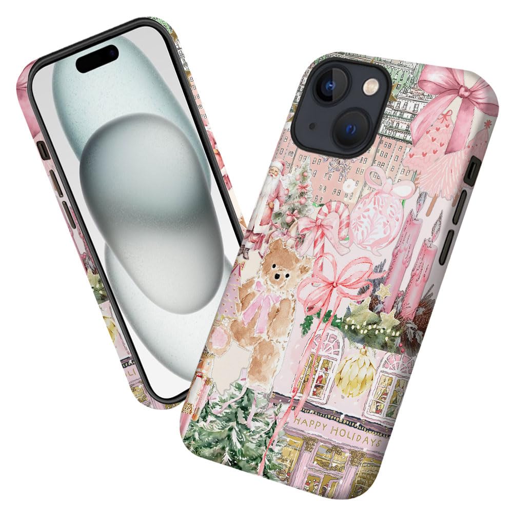 Case for iPhone 15,Pink Tree Christmas Holiday Phone Case Military-Grade Drop Protection Cover for Women Girl - Frosted