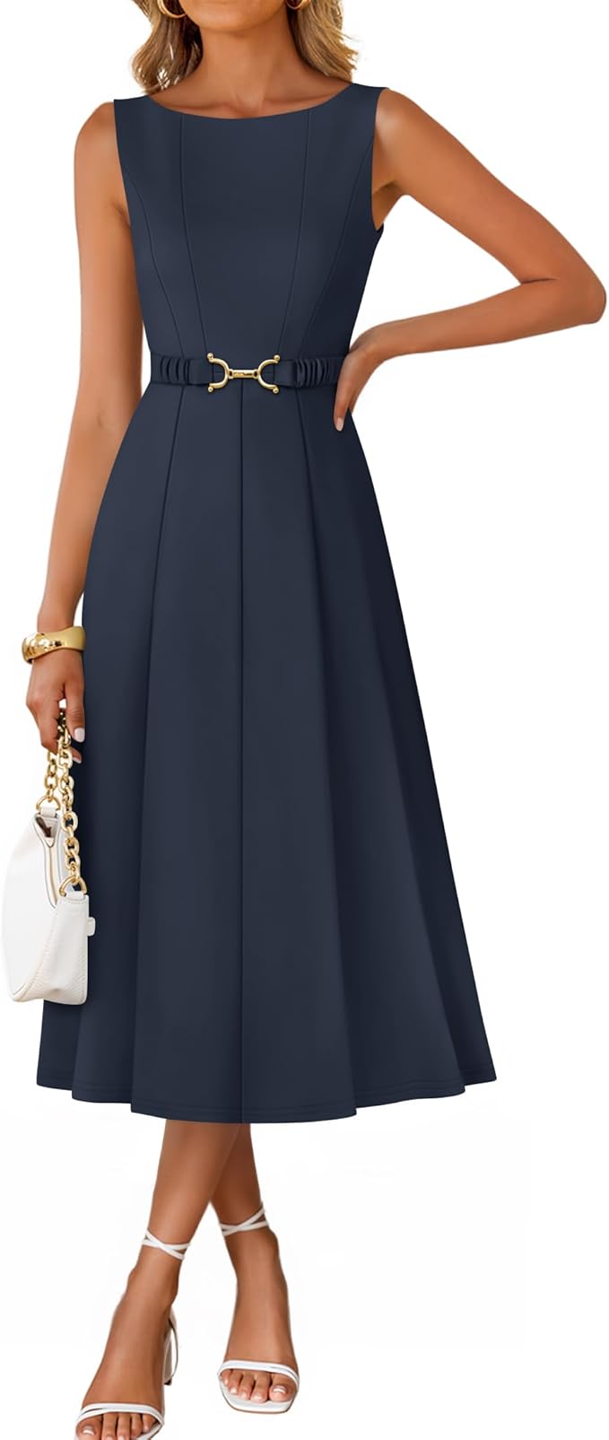 ZESICA Women Summer Sleeveless Midi Dresses 2026 Elegant Boat Neck A Line Tie Waist Spring Cocktail Party Dress