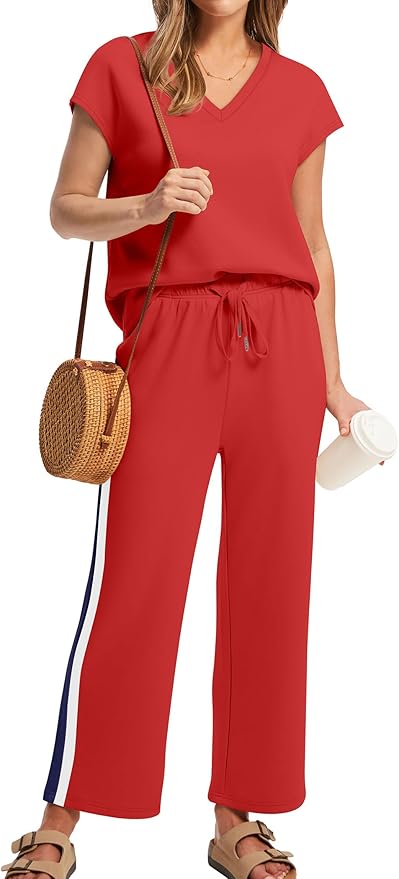 Saloogoe Two Piece Sets for Women Summer Outfits Lounge Sets V Neck Tops Wide Leg Pants Woman Vacation Travel Outfits