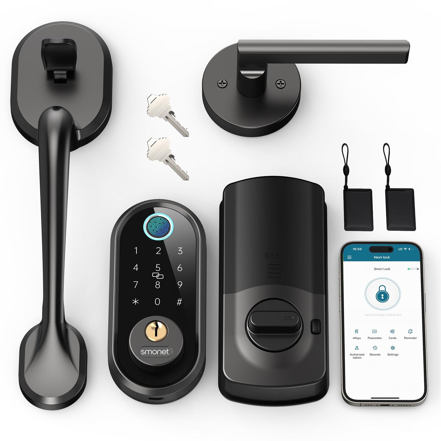 SMONET Front Door Lock Set with Handle, Smart Fingerprint Keyless Entry Door Lock, Deadbolt with App Control, Touchscreen Keypad for Home Airbnb Apartment