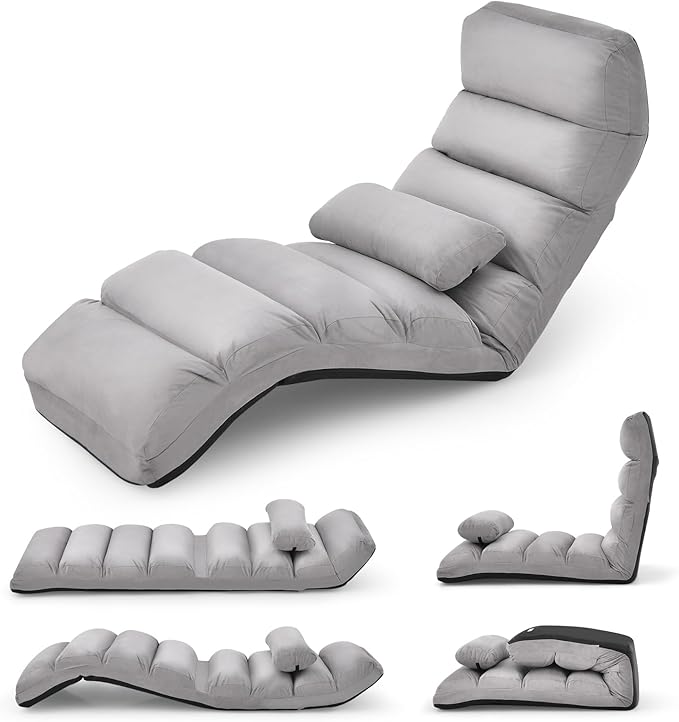 KOMFOTT Foldable Floor Lazy Sofa with Pillow, Indoor Chaise Lounger with 5 Adjustable Positions, Adjustable Back Support & Footrest, Video Gaming Chair for Home, Office, Reading, Watching (Grey)