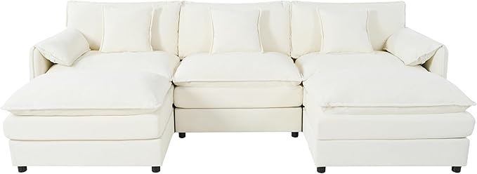 RENDGO 109" Modular Sectional Sofa with 2 Ottoman, Chenille Cloud Couch for Living Room & Apartment, Deep Seat Comfort, Flexible U-Shape Combination Sofa for Home & Office,Beige