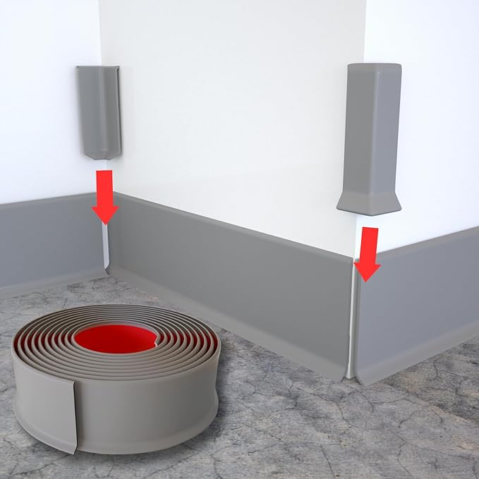 GAMZAU Baseboard Corner Blocks 4inch Height, Self Adhesive 3 Inside + 3 Outside Corners-Connector Between The Cove Base Wall Base Rubber Moulding Trim, Perfect Match for Our S100 Baseboard(Gray)