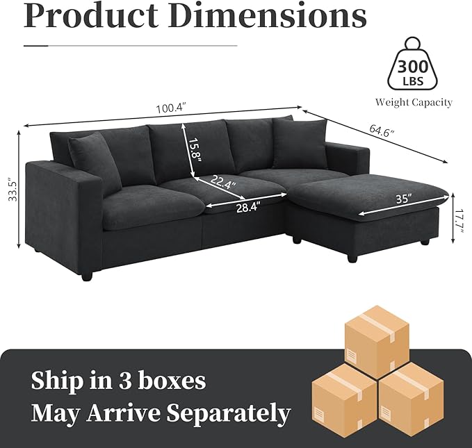KIVENJAJA Black Cloud Couch for Living Room Apartment Small Spaces, Linen L Shaped Modular Sectional Sofa with Convertible Ottoman Chaise, Modern Minimalist, Metal Frame, 100.4" W 3 Seater