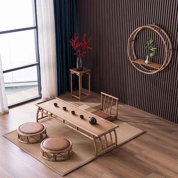 Rattan Low Stool, Hand-Woven Round Rattan Cushion, Meditation Floor Mat, Vintage Futon Cushion, Yoga Cushion, Suitable for Bedroom, Balcony(Natural,40 * 10cm/15.7 * 3.9in)