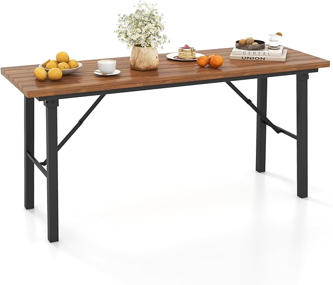 Tangkula Outdoor Dining Table for 4-6, No Assembly Foldable 59 Inches Narrow Patio Dining Table with Acacia Wood Top & Hea...