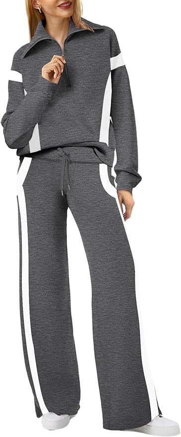 XIEERDUO Lounge Sets For Women 2025 Half Zip Sweatshirt And Wide Leg Sweatpant 2 Piece Outfits Sweatsuit Tracksuit