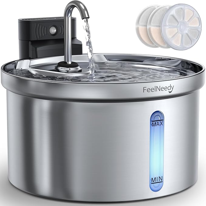 Wireless Cat Water Fountain [Water & Battery Separation] FEELNEEDY Stainless Steel Automatic Pet Water Dispenser, 4000mAh ...