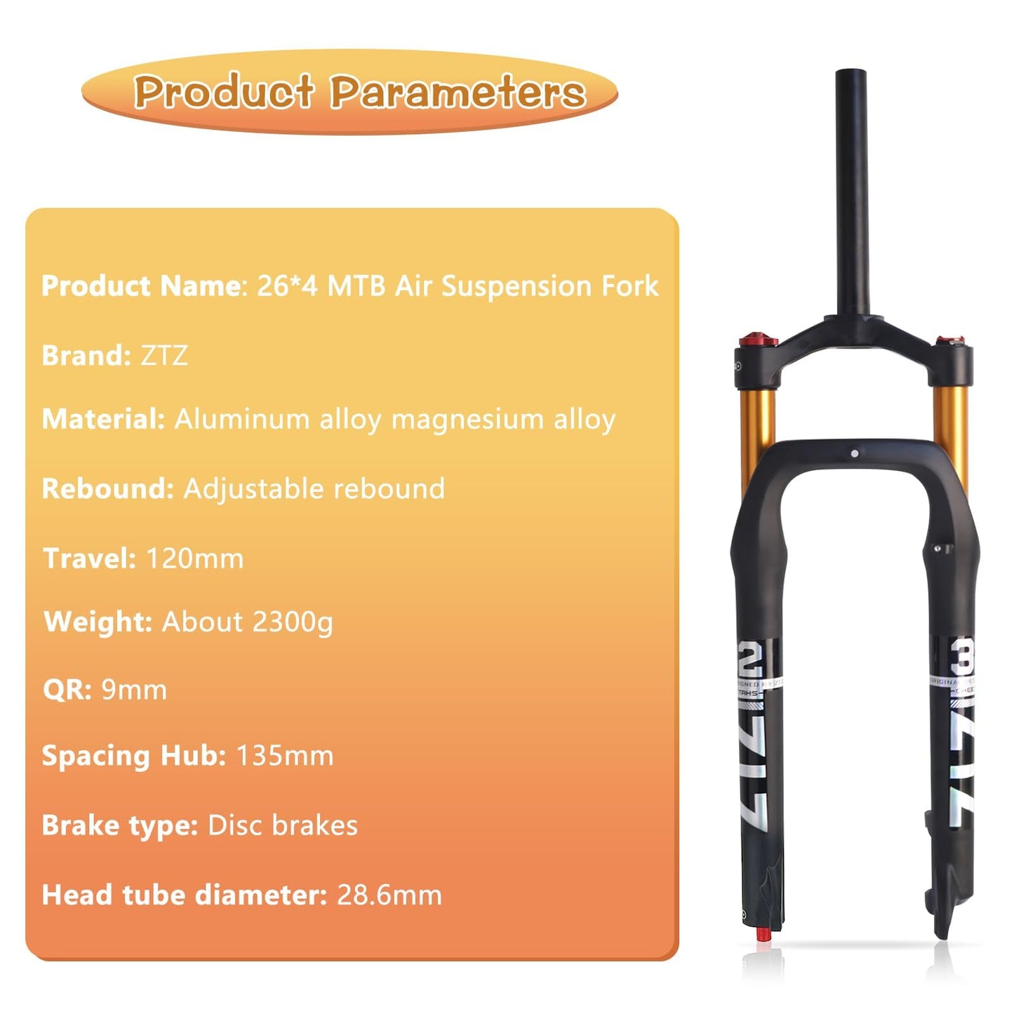 ZTZ 26 * 4.0 inch Fat Tire MTB Air Suspension Fork - Ultralight Rebound Adjustment Front Fork,120mm Travel, 135mm Spacing Hub，9mm QR，Crown Lockout， Ideal for Snow Beach XC Mountain Bikes