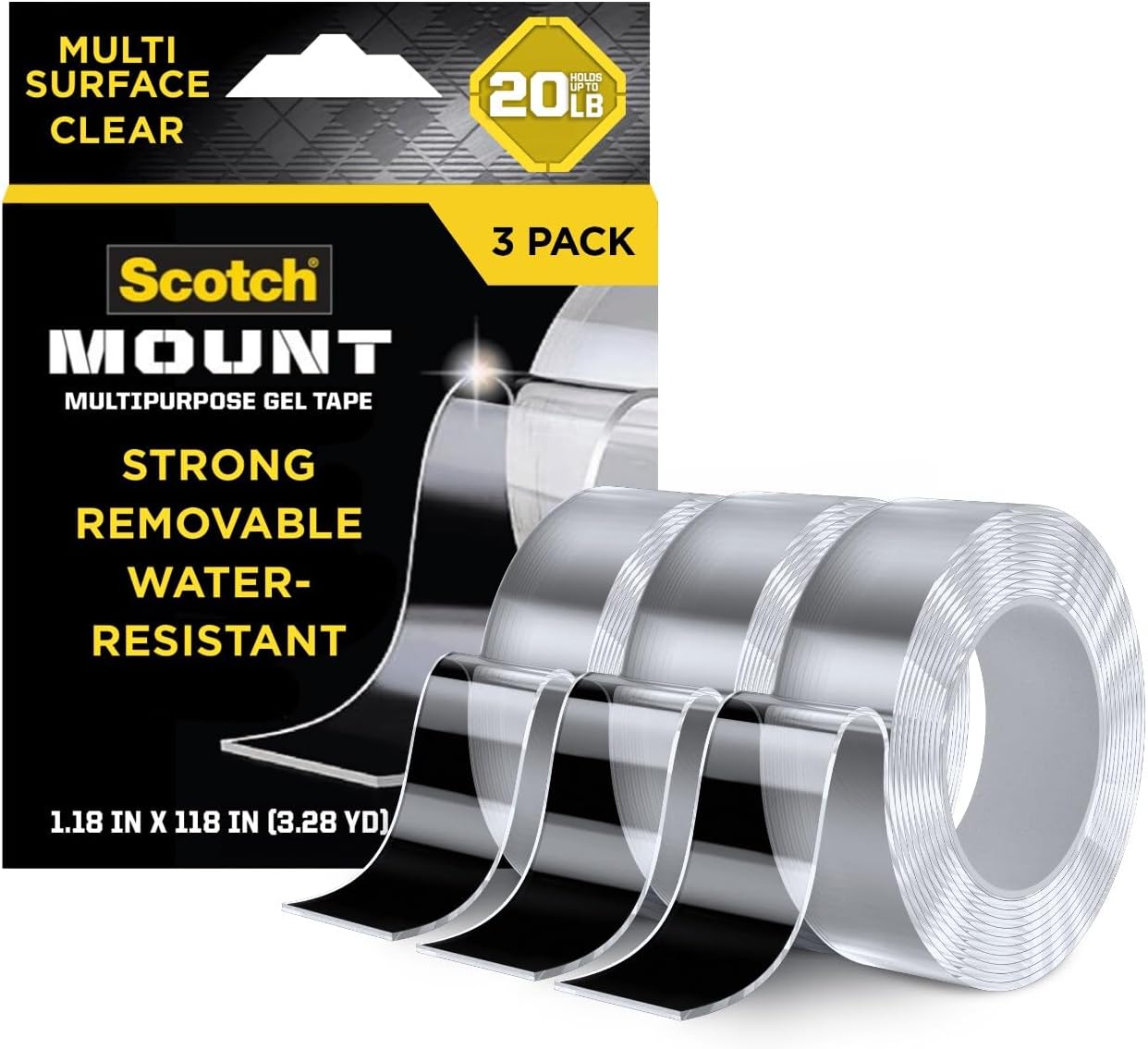 Scotch-Mount™ Multipurpose Gel Tape, 30 mm x 3 m (1.18 in x 118 in), 3 Pack