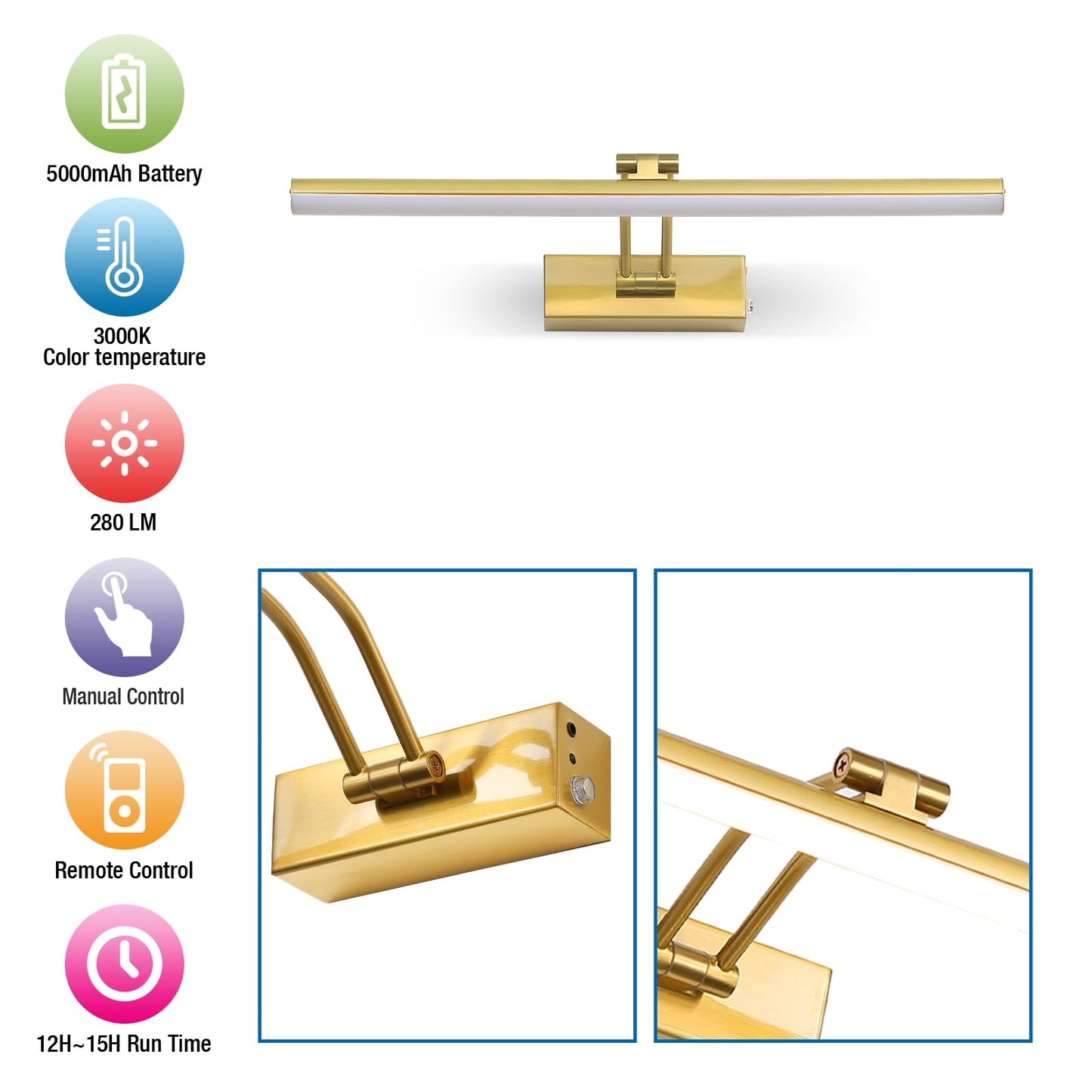 HOWMZON Picture Light,5200mAh Battery Picture Light with Remote, 16inches Metal Frame Light for Paintings, Rechargeable Display Wall Lamp for Gallery Portrait Artwork (Brass)