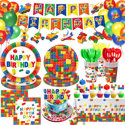 173 PCS Building Block Birthday Party Decorations - Plates, Napkins, Cups, Cutlery, Cake & Cupcake Toppers, Banner, Hangin...