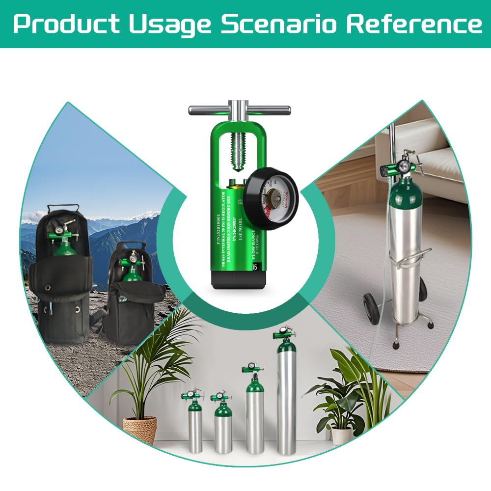 Oxygen Regulator for Oxygen Tank CGA 870 Connection, 0-15 LPM, Portable Oxygen Tank Regulator with Brass Sleeve, Includes 1 Wrench and 5 Brass Yoke Washer Seals