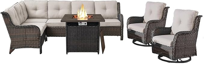 Belord Outdoor Sectional Sofa Furniture Set with Propane Fire Pit Table, Wicker Patio Conversation Set with 2 Swivel Glider Rocker Chairs Beige Cushion Perfect for Backyard Casual Gathering