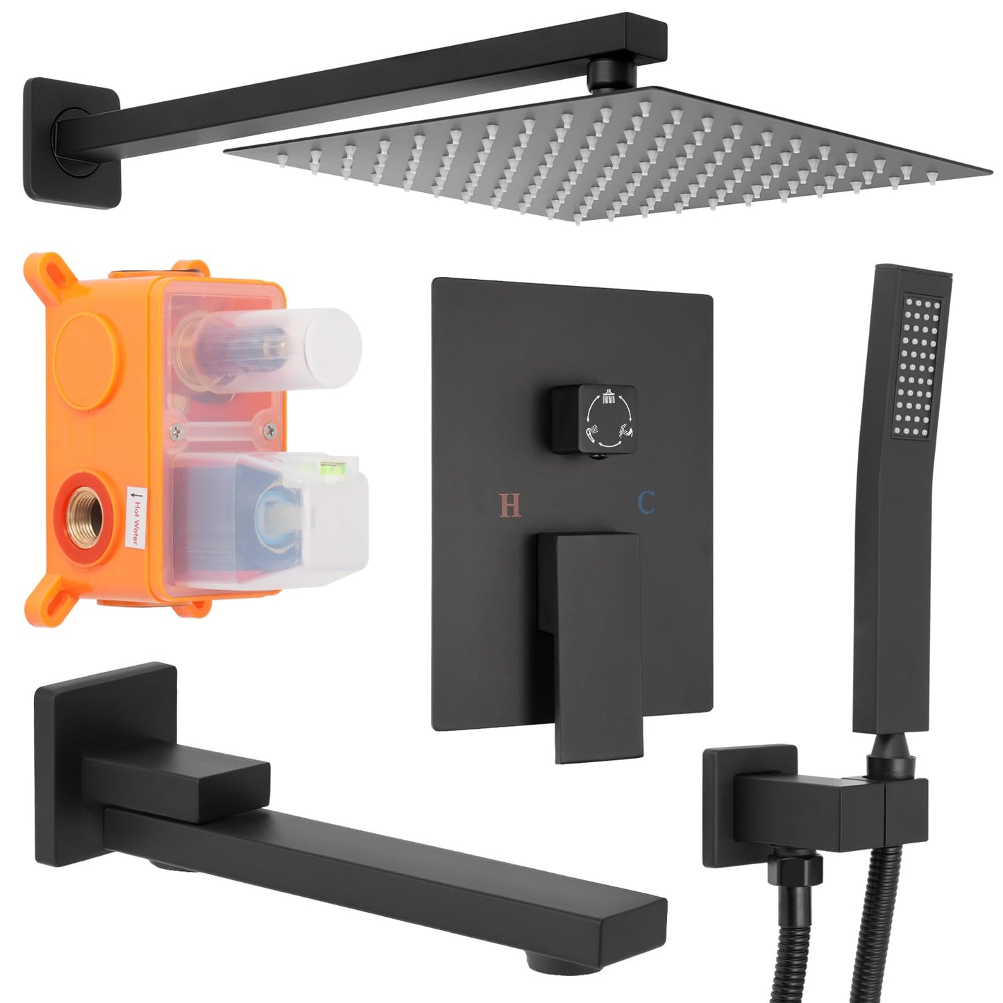 12 inch Square Shower Head and Handheld Set, Gasecoet Shower System with Tub Spout Wall Mounted Shower Faucet for Bathroom - Matte Black (With Shower Valve)