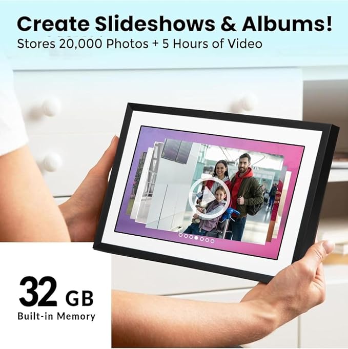 PhotoSpring w/Battery, 10in WiFi Digital Frame, No Subscription, Email App Web, USA Company, 32gb, Touch Screen, Play Videos up to 5 mins