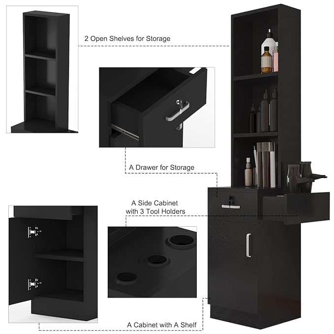 Paddie Hair Salon Stations, Lockable Barber Stations Wall Mount Salon Equipment for Hair Stylist with 1 Lockable Drawer, 3 Holders & 1 Storage Cabinet (with Holders, Black)