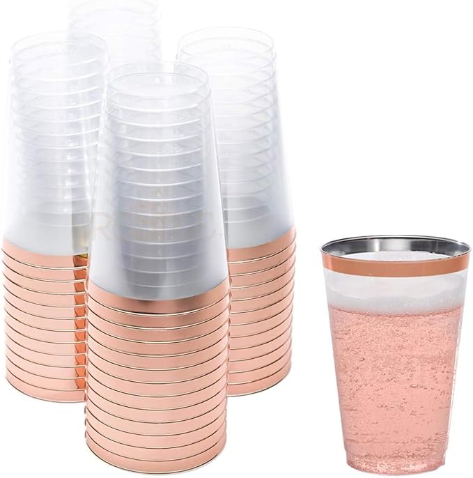 50 Pack Disposable Plastic Cups by Prestee - 14 oz Rose Gold Rimmed Plastic Wine Glasses - Heavy Duty, Pink Rim Cup - Disp...