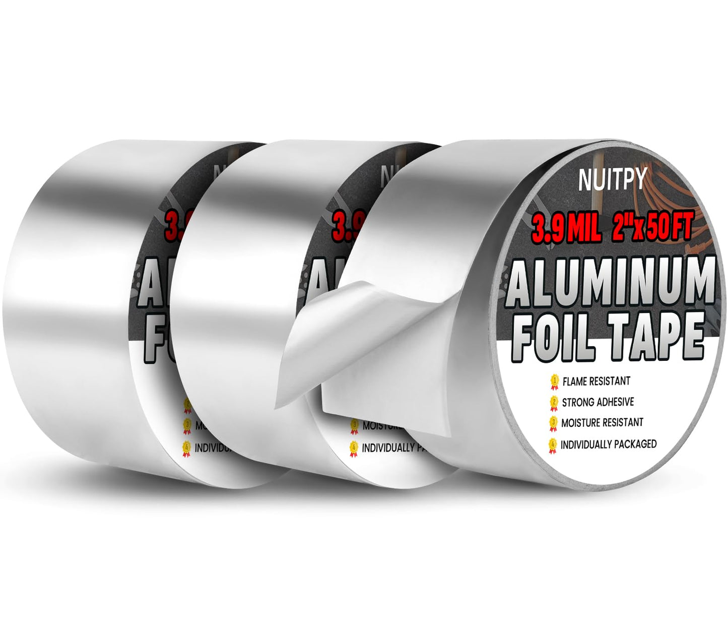 NUITPY 3 Pack Aluminum Foil Tape, 3.9 mil 2" x 150 Feet Total Foil Tape, Silver High Temperature Tape, Metal Tapes, Seal HVAC Tape, Insulation Foil Tape for Ductwork, HVAC, Dryer Vent, Seal