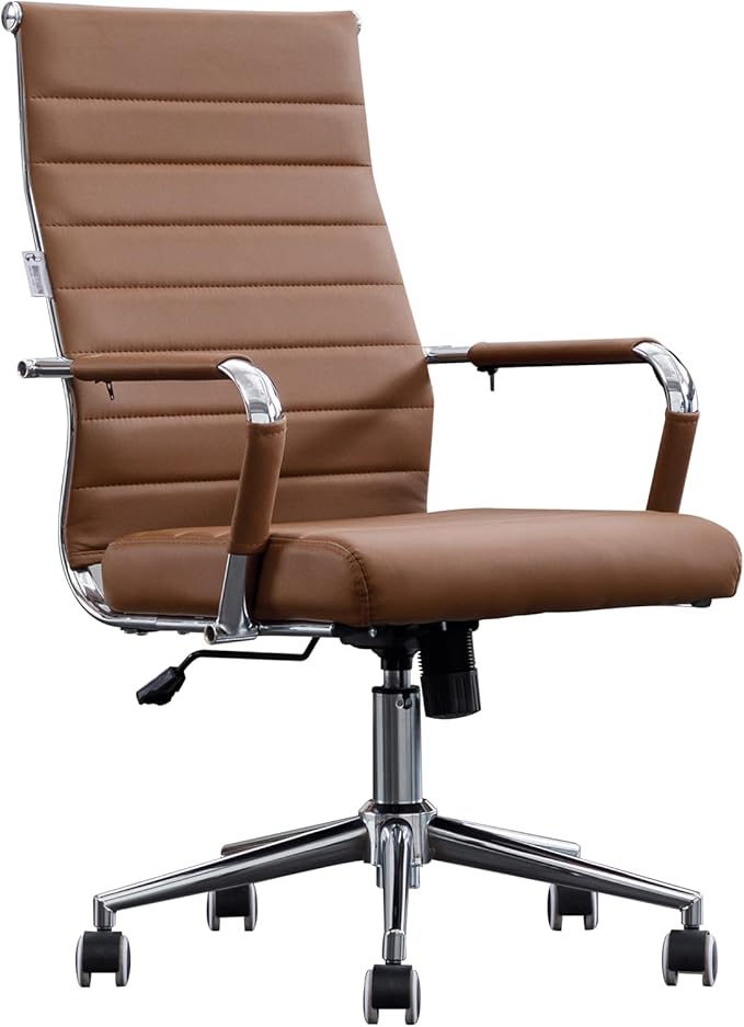 BOWTHY Home Office Chair Ribbed, Modern Leather Conference Waiting Room Chairs,Ergonomic Office Desk Chair, High Back Executive Computer Chair, Adjustable Swivel Chair with Arms (Brown)