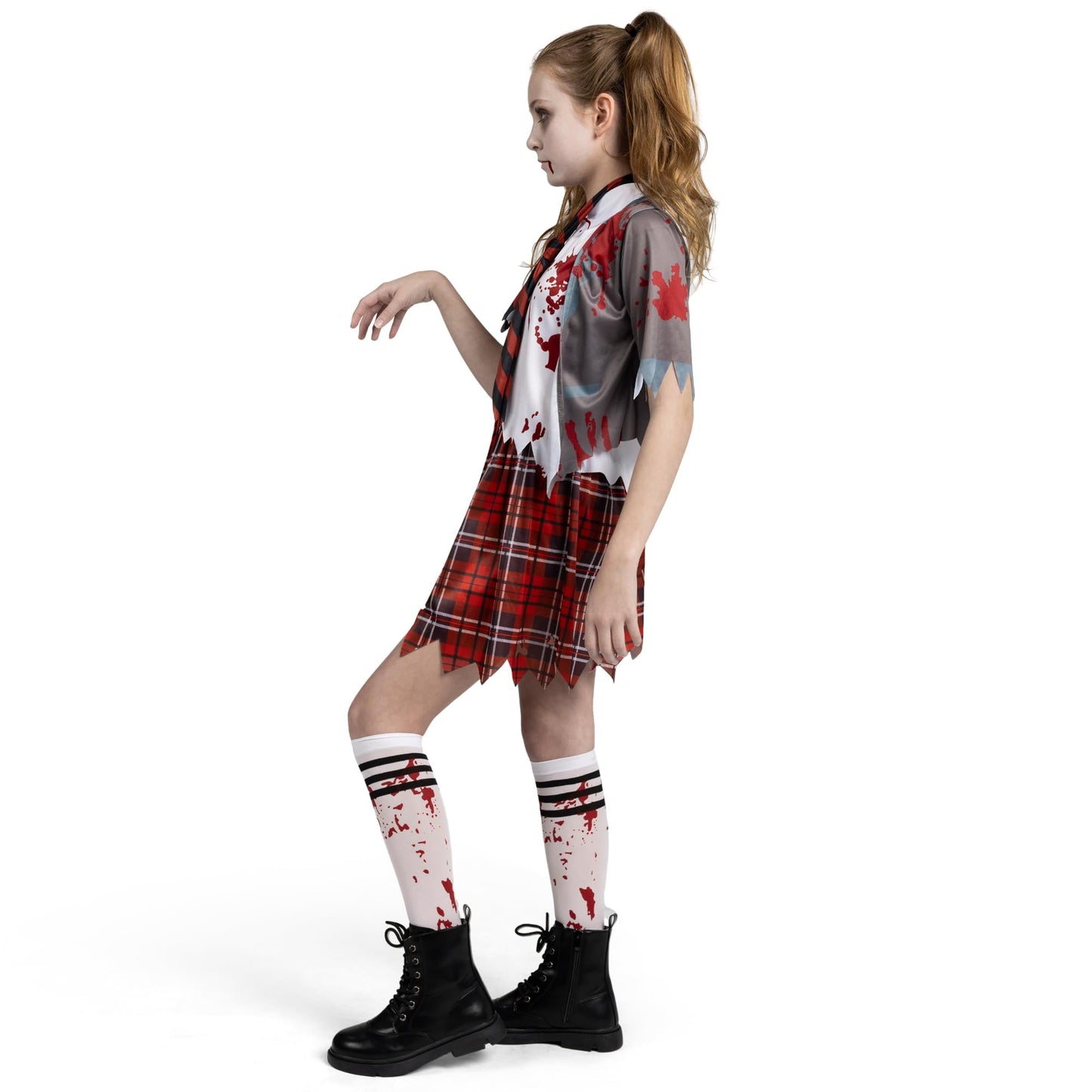 Spooktacular Creations Zombie Schoolgirl Costume, Halloween Girl Bloody Zombie Costume for Kids,Halloween, School, Event Party Dress Up (Gray, Medium(8-10 yrs))