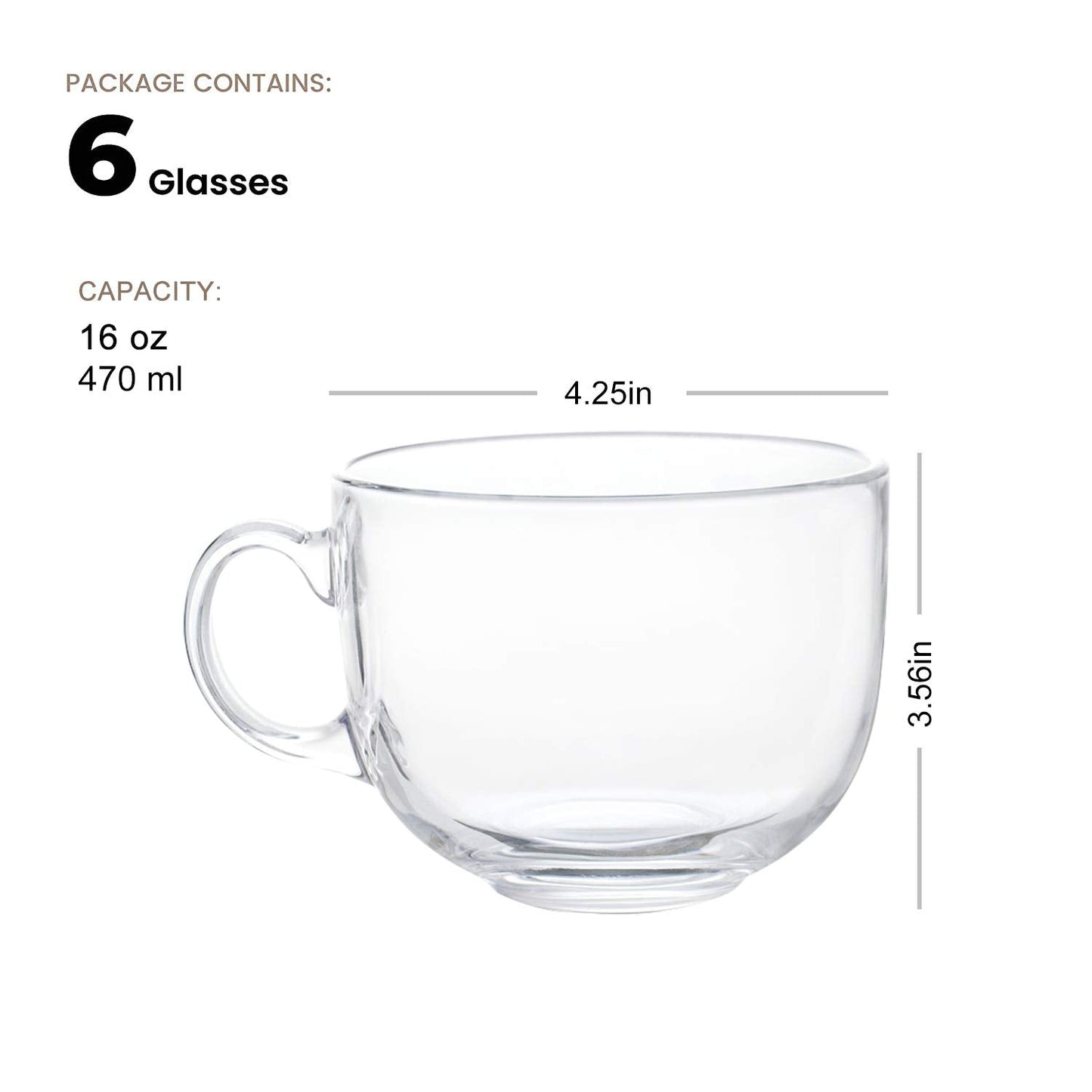 Maredash 16oz Glass Jumbo Mugs With Handle For Coffee, Tea, Soup,Clear Drinking Cup,Set of 6