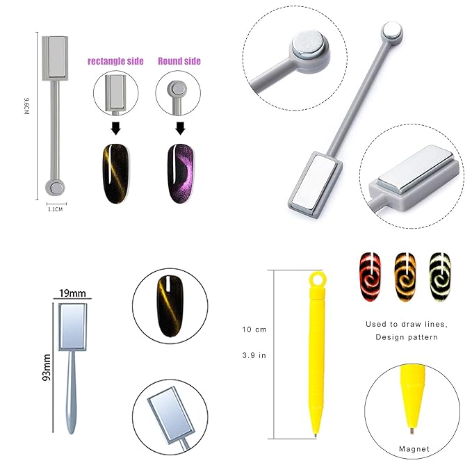 JERCLITY 9 Pieces Nail Magnet Tool Set Double-Head Flower Design Nail Magnet Pens Magnet Stick 3D Magnetic Cat Eye Gel Polish Nail Art for UV Gel Line Strip Multi-Function Magnet Board Nail Art Tool