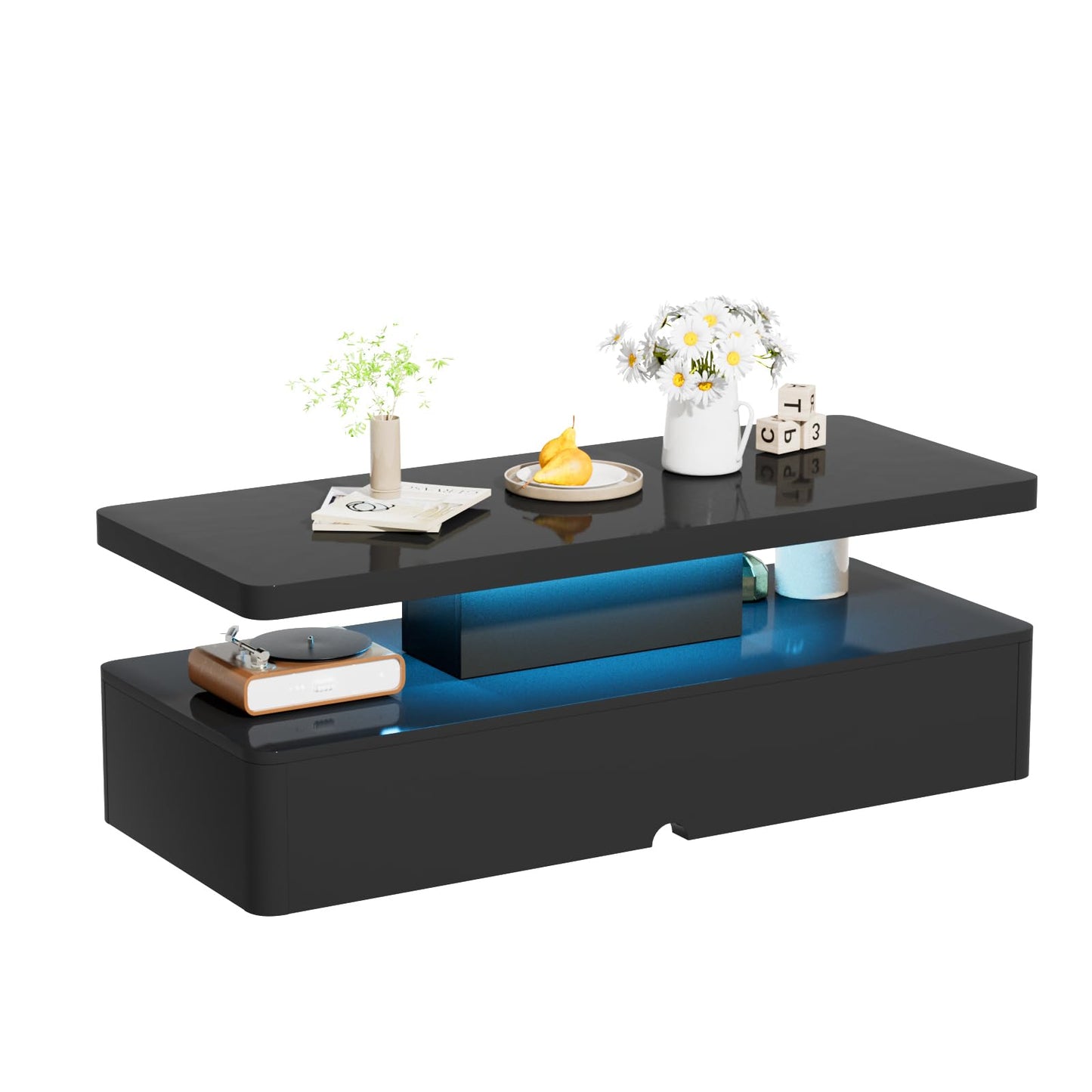 oneinmil Modern LED Coffee Table, 40 Inches Living Room Tables with 16 Colors LED Lights, Double-Layer Design, Stylish Coffee Tables for Living Room, Home, Office, Black