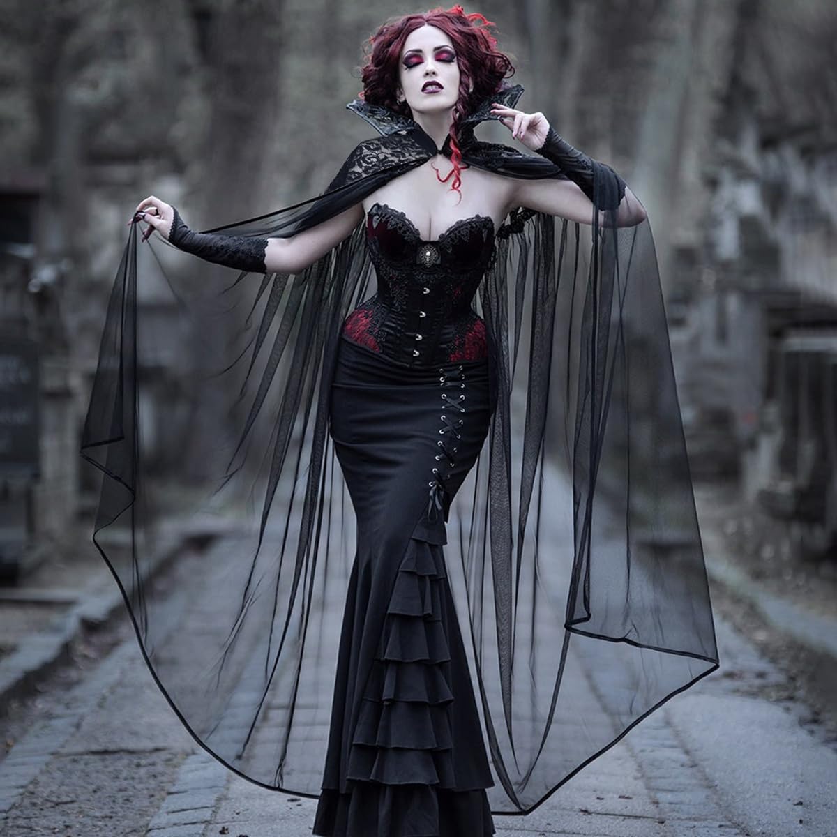 L'VOW Black Vampire Cloak Stand-up Lace Collar Cape Gothic Tulle Witches Cape for Womeen Halloween