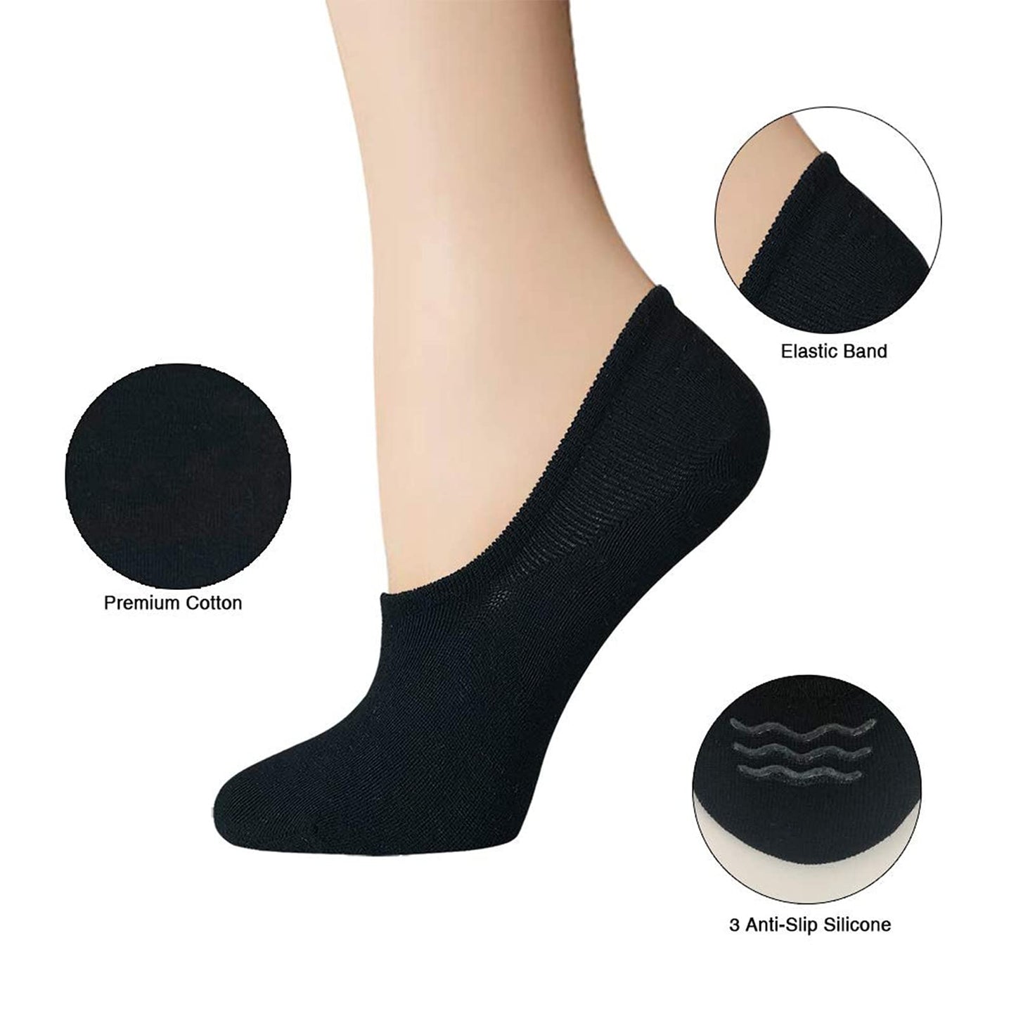 BERING No Show Socks Womens Thin 6 Pairs for Flats Slip On Sneakers Low Ankle Footies Socks, Size 6-9, Black