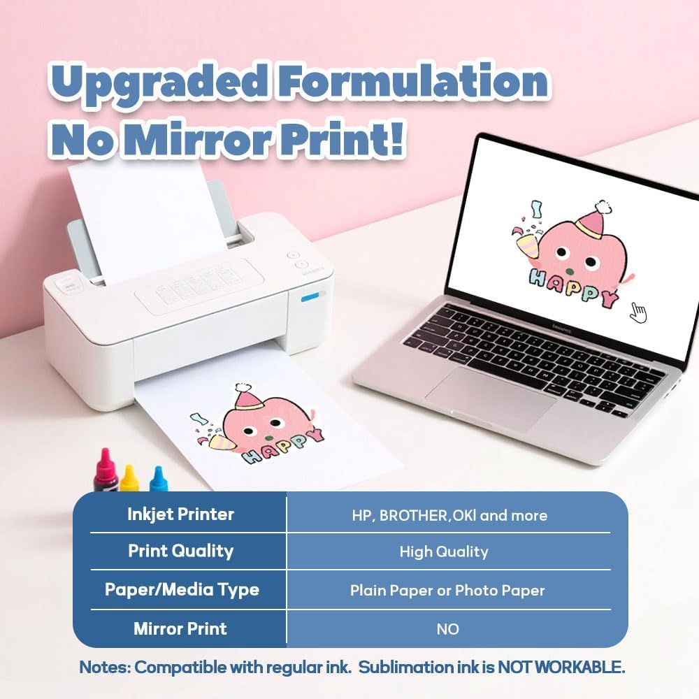 TranSmile PU-Heat Transfer Paper for T Shirts (50 Sheets, 8.5x11'', Light), Iron on Transfers for Light Fabric, Printable Heat Transfer Vinyl for Inkjet Printer