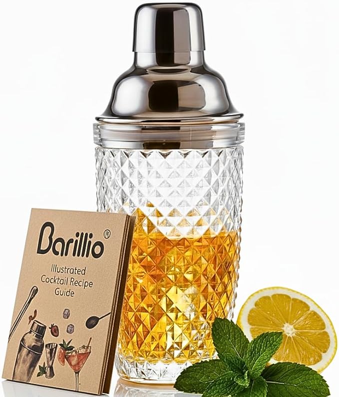 Barillio 14 oz Glass Cocktail Shaker | Cobbler Mixer with Built-In Strainer, Leak-Proof Clear Martini Shaker for Single-Se...
