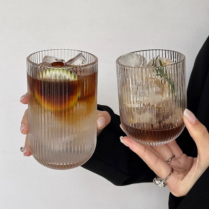 WeirdUncle Set of 8 Ribbed Glassware,4 Highball Glasses 14oz & 4 Rocks Drinking Glasses 9oz, Clear, Origami Style, Fluted ...