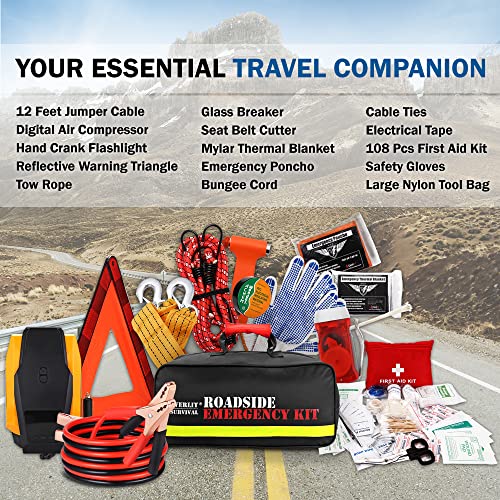 Everlit Survival Car Emergency Kit, Roadside Safety Tool Kit with Gloves,Digital Auto Air Compressor Tire Inflator, First ...