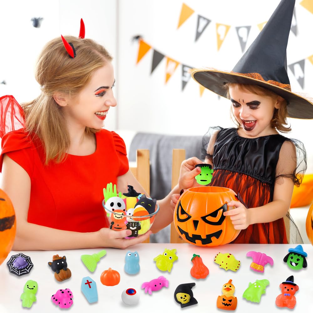 Vellibring 36 PCS Halloween Mochi Squishy Toys with Pumpkin Bucket, Kawaii Squishies Mini Stress Relief Toys Glow in The Dark for Halloween Party Favors Treat Goodie Bags Stuffers for Kids Girls Boys