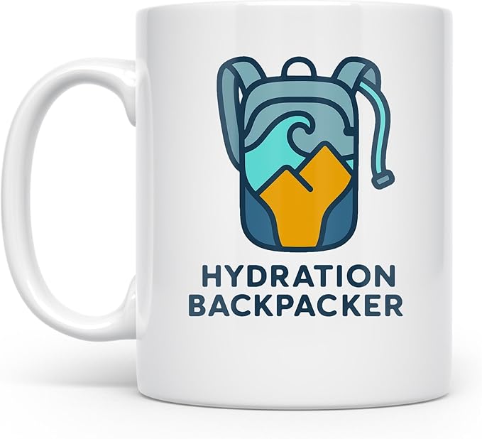 Trail-Ready Hydration Backpacker - Hiker - 11 oz White Ceramic Coffee Mug - Neon Trail Blueprint Design