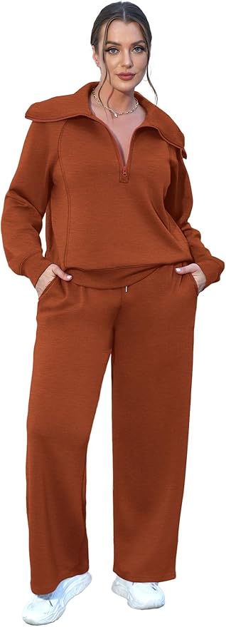 XIEERDUO Lounge Sets For Women 2025 Half Zip Sweatshirt And Wide Leg Sweatpant 2 Piece Outfits Sweatsuit Tracksuit