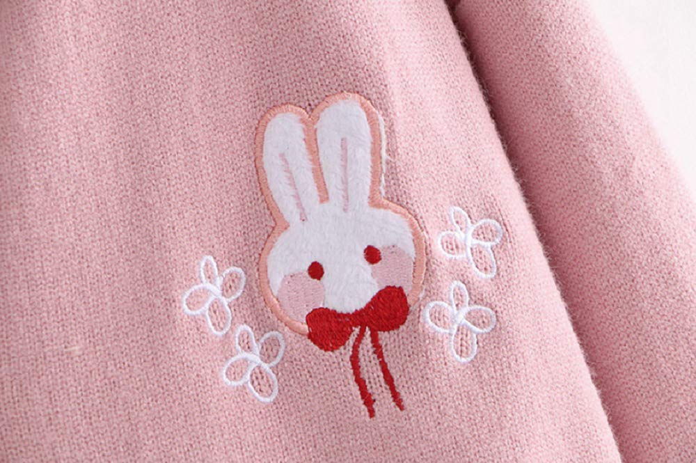 GK-O Mori Girl Kawaii Rabbit Japan JK Uniform Knit Cardigan Sweater Girl School Cosplay Sweater Vneck Long Sleeve (Pink)