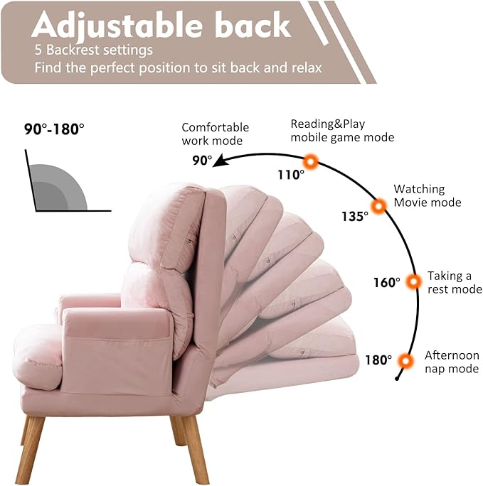 CANMOV Modern Accent Chair with Ottoman, Soft Fabric Armchair with Adjustable Backrest and Side Pockets, Comfy Lounge Chair for Living Room, Bedroom, Apartment, Office, Pink