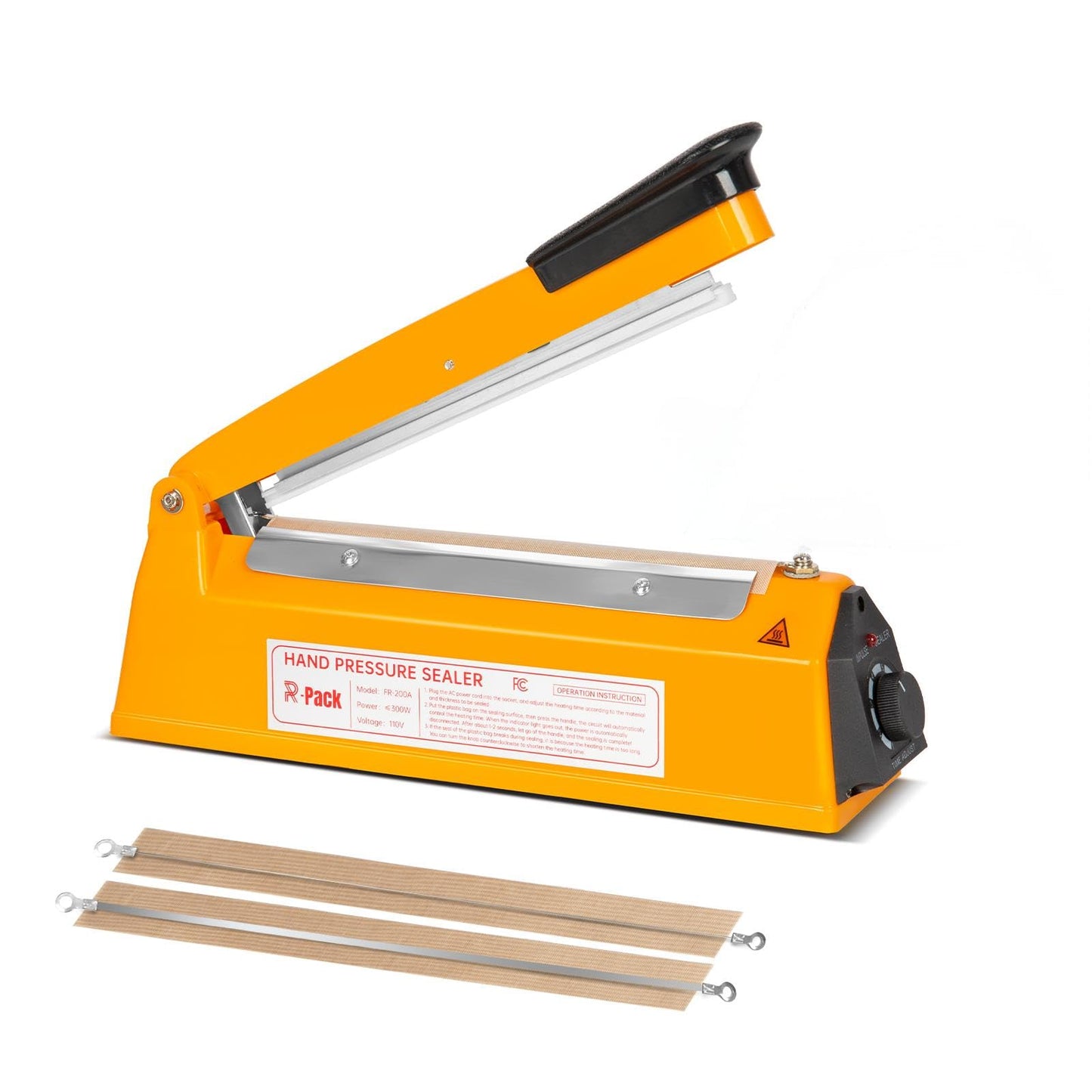 R-PACK Impulse Heat Sealer with Seal bar, Heavy-Duty Bag Sealing & Cutting Machine, 2 Extra Replacements（Orange, 8inch）