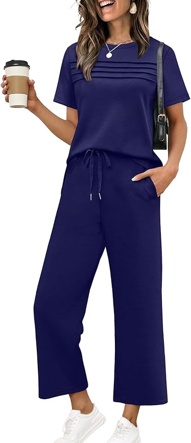 WIHOLL Two Piece Sets for Women Summer Travel Vacation Outfits Short Sleeve Lounge Sets Side Slit Wide Leg Pants S-3XL