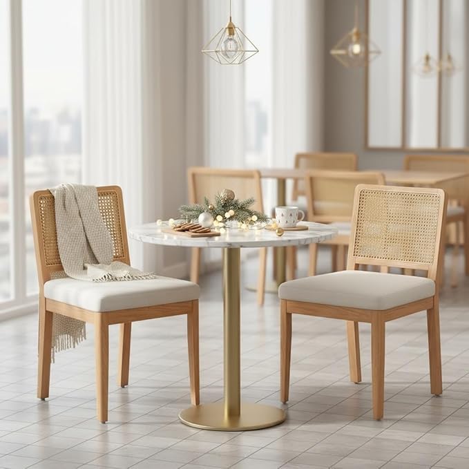 LukeAlon Set of 2 Mid Century Dining Chairs - Farmhouse Kitchen Chairs with Woven Rattan Back, Plush Chenille Upholstered Seats, Solid Wood Legs for Dining Room & Breakfast Nook, White