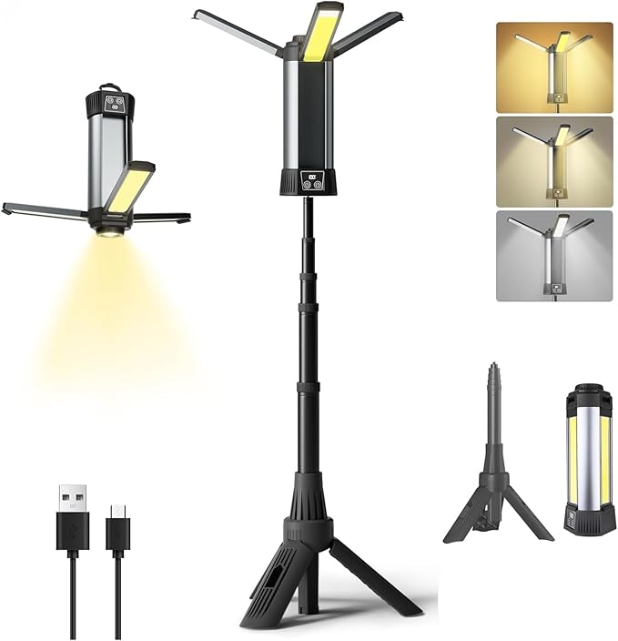 Rechargeable Camping Lights with Tripod,Telescopic & Collapsible Mobile LED Camping Lantern,Built-in Battery Work Light & ...