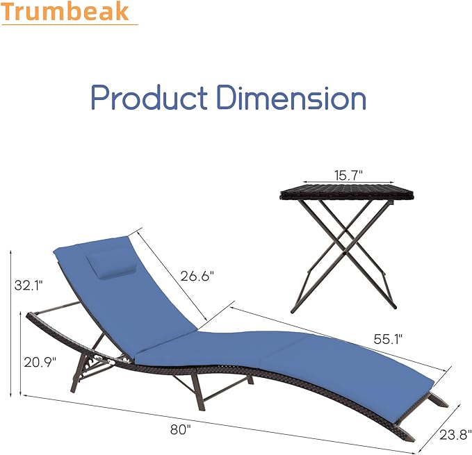 Trumbeak Patio Chaise Lounge Set 3 Pieces Pool Lounge Chairs,Cushioned Outdoor Folding Lounge Chair w/Rattan Adjustable Backrest for Poolside Porch,Folding Table Included,NavyBlue